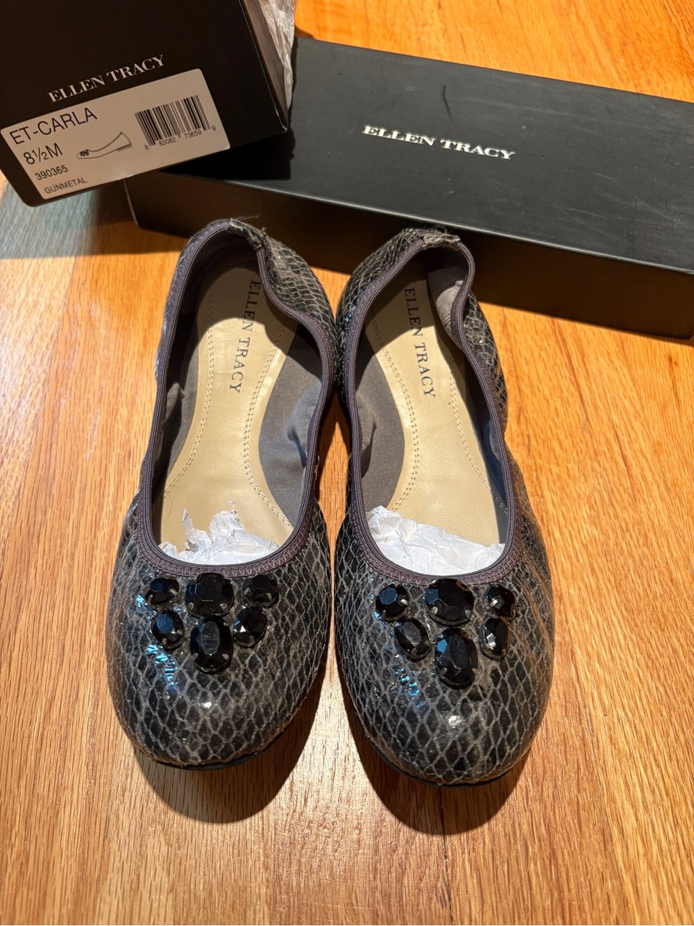 Ellen Tracy Gunmetal Snakeskin-Texture Jeweled Ballet Flats